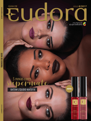 Capa do guia eudora com o busto de três mulheres na horizontal com imagem do batom líquido matefix em destaque