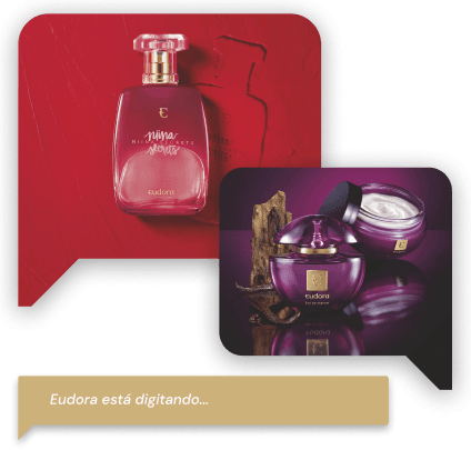 Conversa de WhatsApp com 2 perfumes e 1 creme com o texto "Eudora está digitando..."