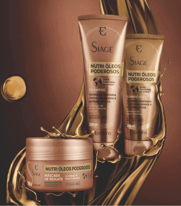 Produtos da linha Siàge, máscara, shampoo e condicionador